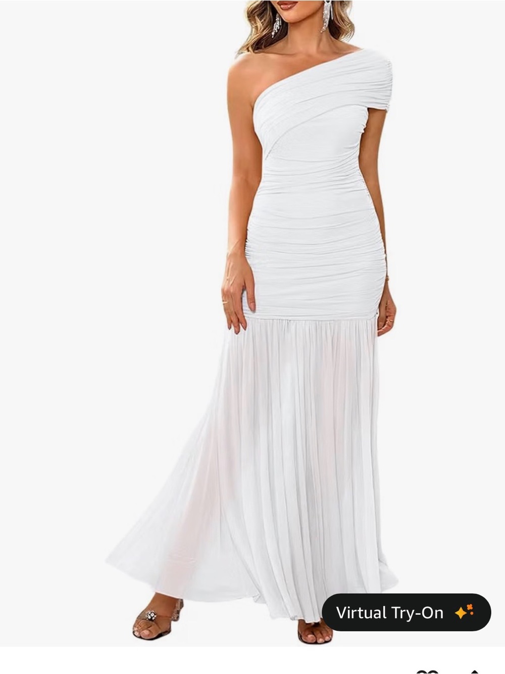One-Shoulder White Ruched Maxi Gown